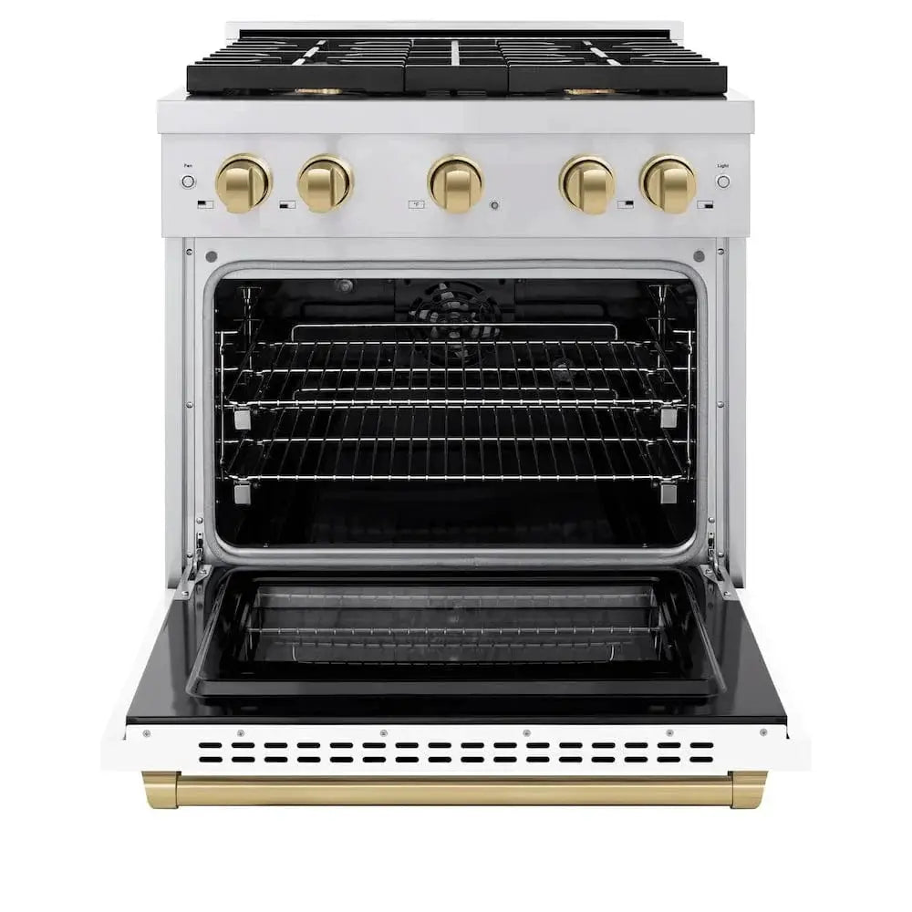 ZLINE 30"Paramount Dual Fuel Range White Matte Champagne Bronze SDRZ-WM-30-CB by Farmhouse Kitchen and Bath