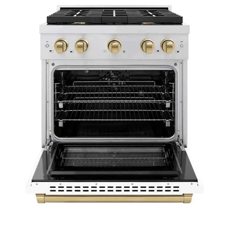 ZLINE 30"Paramount Dual Fuel Range White Matte Champagne Bronze SDRZ-WM-30-CB by Farmhouse Kitchen and Bath