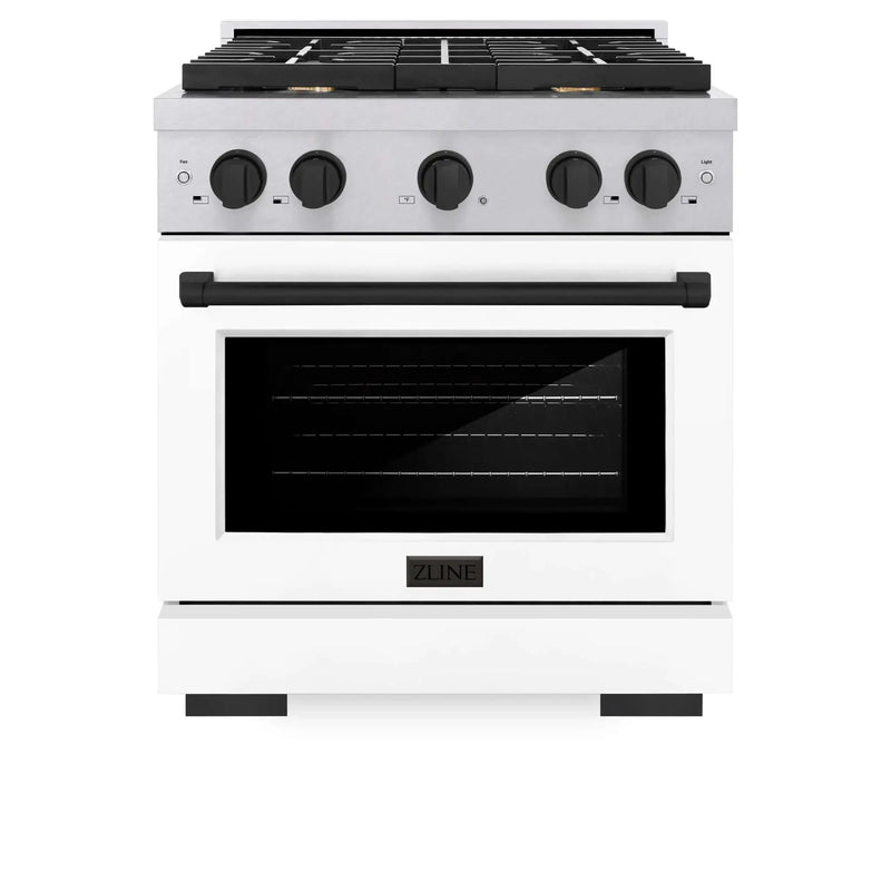 ZLINE 30"Paramount Dual Fuel Range DuraSnow® White Matte, Matte Black SDRSZ-WM-30-MB by Farmhouse Kitchen and Bath