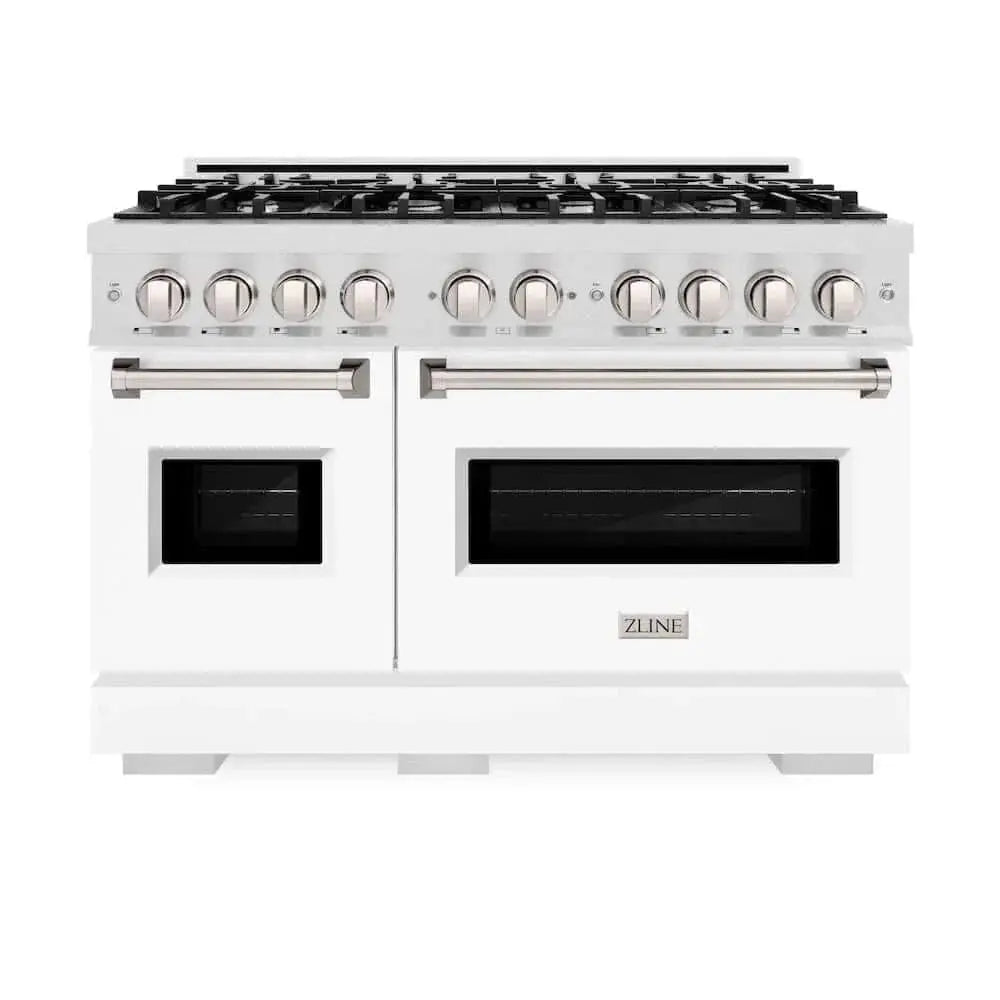 ZLINE 48" Dual Fuel Range, Gas Cooktop, Electric Convection Oven DuraSnow® Stainless Steel, White Matte Door CDRS-WM-48 by Farmhouse Kitchen and Bath