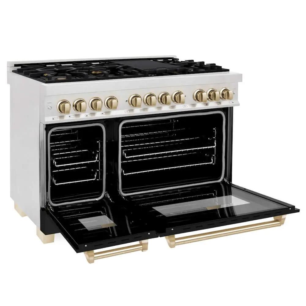 ZLINE 48" Autograph, Dual Fuel Range, Black Door, Gold, RASZ-BLM-48-G by Farmhouse Kitchen and Bath