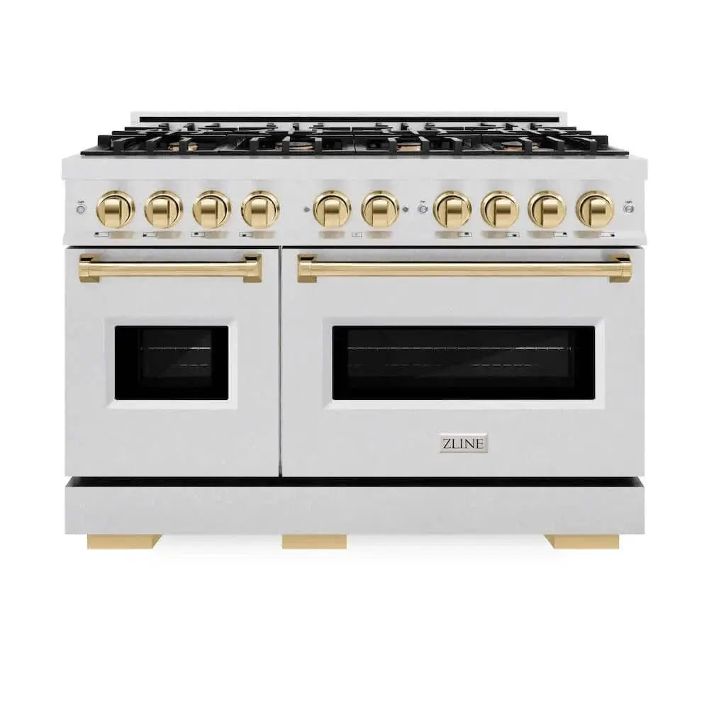 ZLINE 48" Classic Gas Range, Convection Gas Oven DuraSnow® Stainless Steel, Gold CGRSZ-48-G by Farmhouse Kitchen and Bath