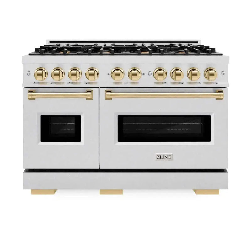 ZLINE 48" Classic Gas Range, Convection Gas Oven DuraSnow® Stainless Steel, Gold CGRSZ-48-G by Farmhouse Kitchen and Bath