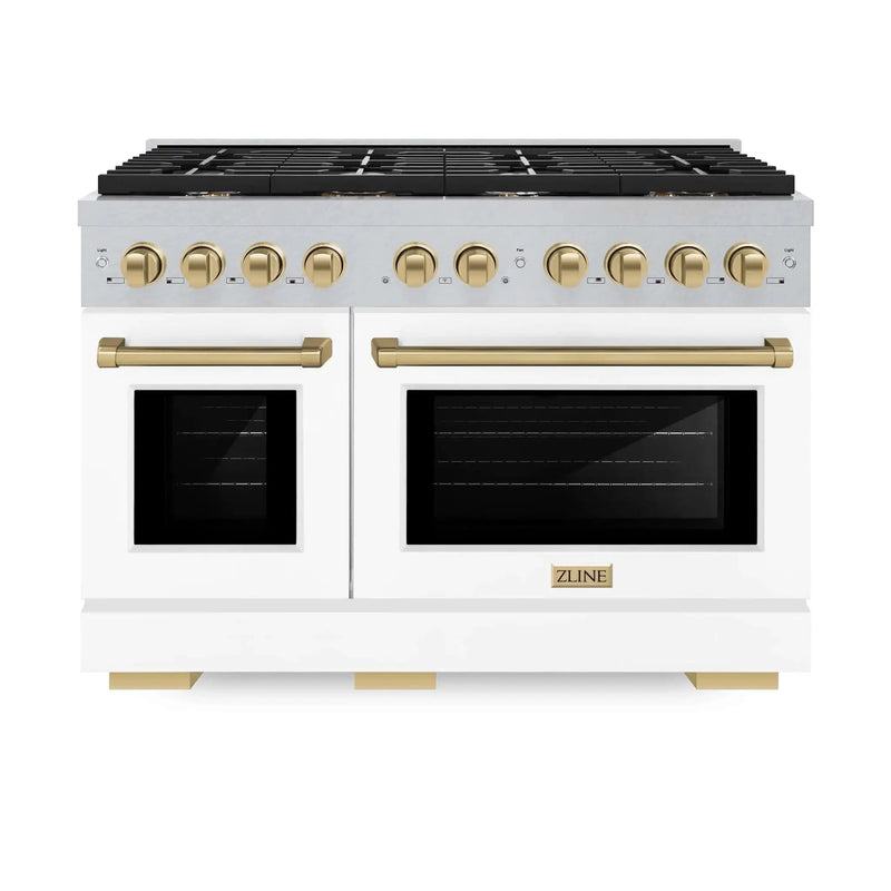 ZLINE 48"Paramount Dual Fuel Range DuraSnow® White Matte, Champagne Bronze SDRSZ-WM-48-CB by Farmhouse Kitchen and Bath