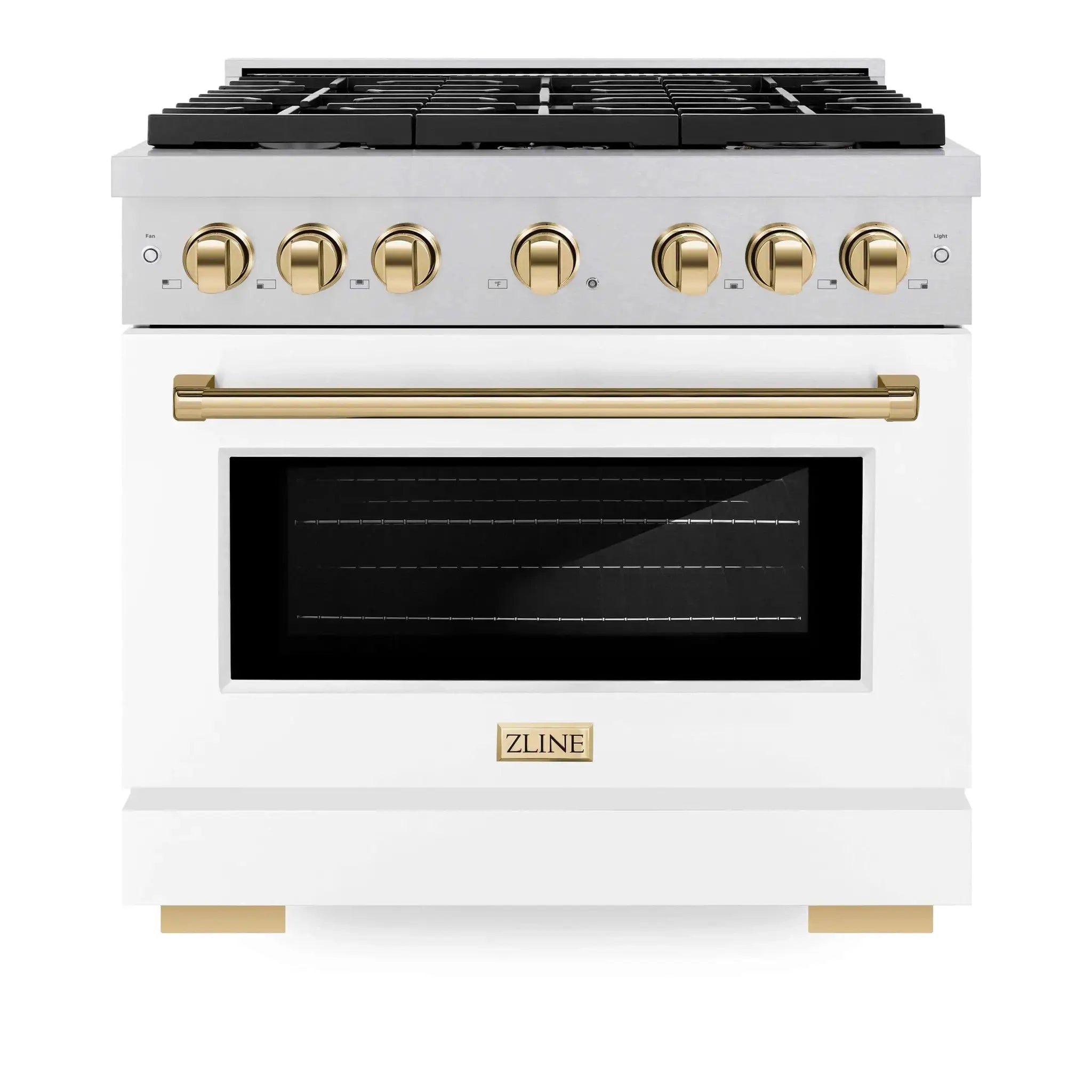 ZLINE 36"Paramount Dual Fuel Range DuraSnow® White Matte, Gold SDRSZ-WM-36-G by Farmhouse Kitchen and Bath