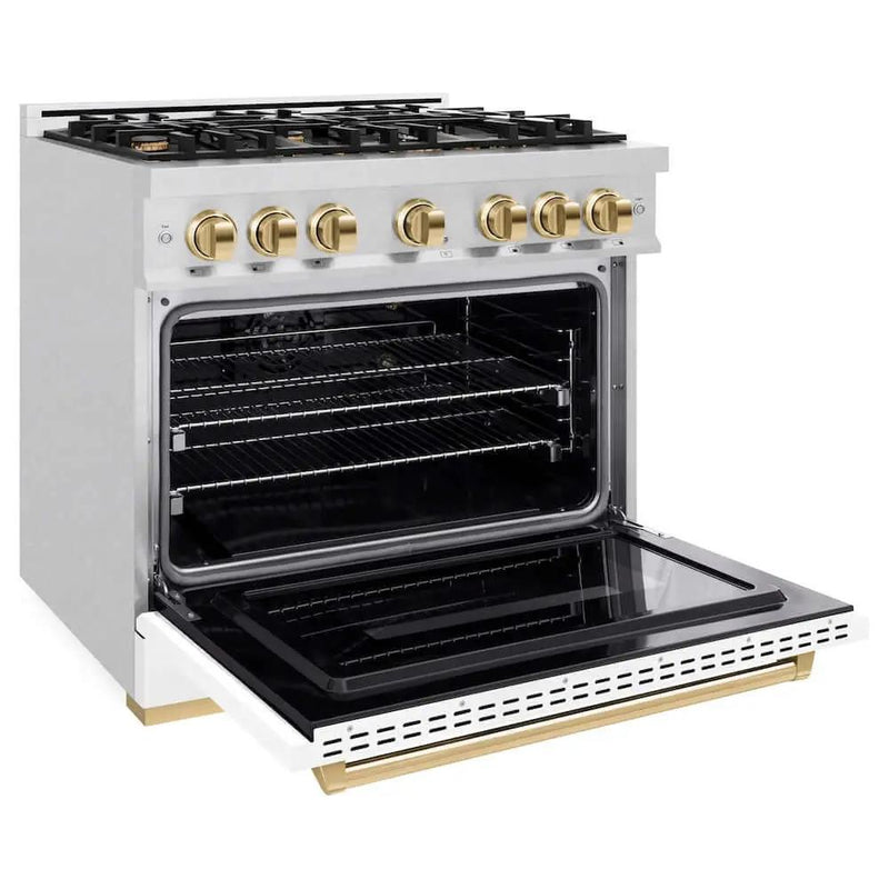 ZLINE 36"Classic Gas Range, Convection Gas Oven, DuraSnow® Stainless Steel, White Matte Door Polished Gold CGRSZ-WM-36-G by Farmhouse Kitchen and Bath