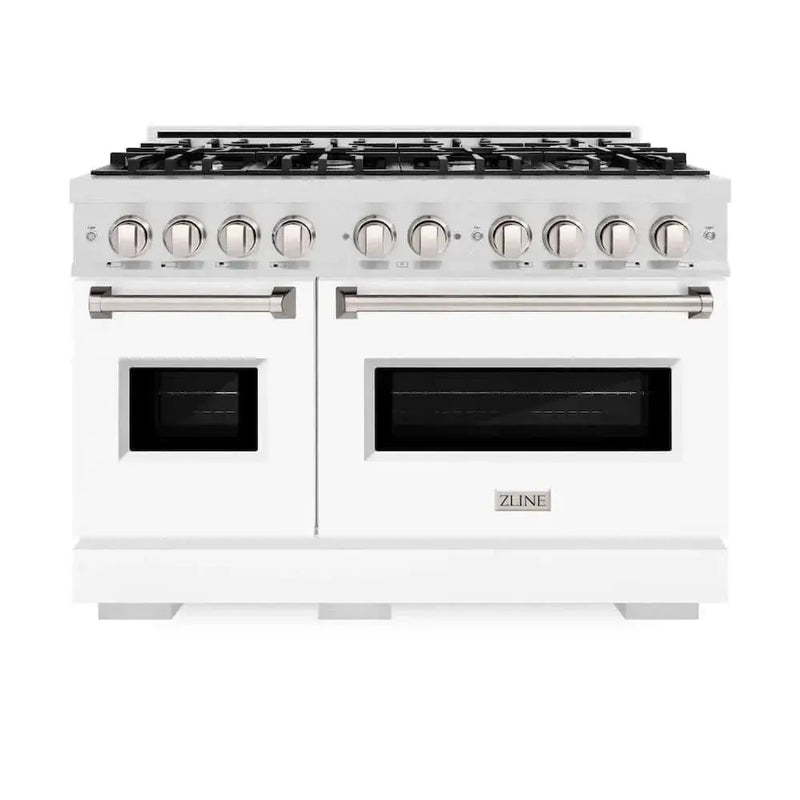 ZLINE 48"Classic Gas Range, Convection Gas Oven, DuraSnow® Stainless Steel, White Matte Door CGRS-WM-48 by Farmhouse Kitchen and Bath