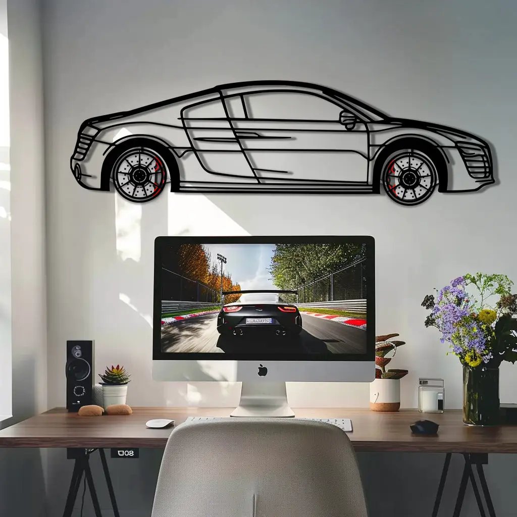 Audi R8 Metal Car Wall Art with Rotating Wheels - Exotic Supercar Silhouette Decor - Interactive Automotive Wall Art KAFMEKA096 by Enova Art