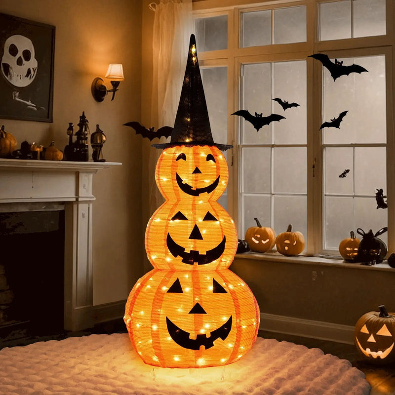 5 Feet Lighted Stacked Pumpkins Halloween Decoration with Witch Hat by DirectDeals