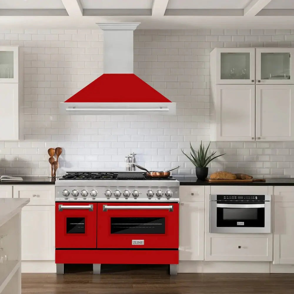ZLINE 48" Autograph DuraSnow Red Stainless Wall Range Hood 8654SNX-RM-48 by Farmhouse Kitchen and Bath