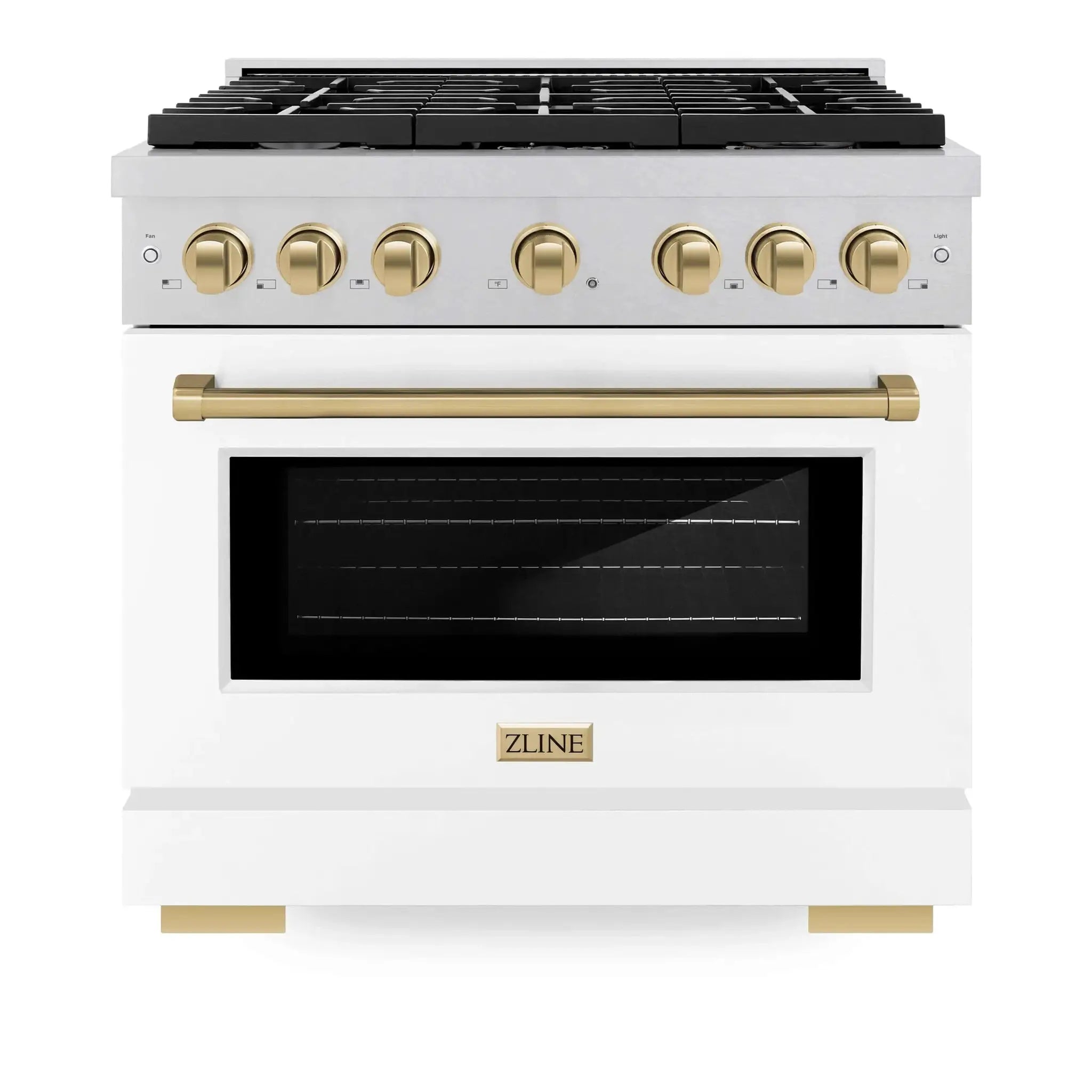 ZLINE 36"Paramount Dual Fuel Range DuraSnow® White Matte, Champagne Bronze SDRSZ-WM-36-CB by Farmhouse Kitchen and Bath