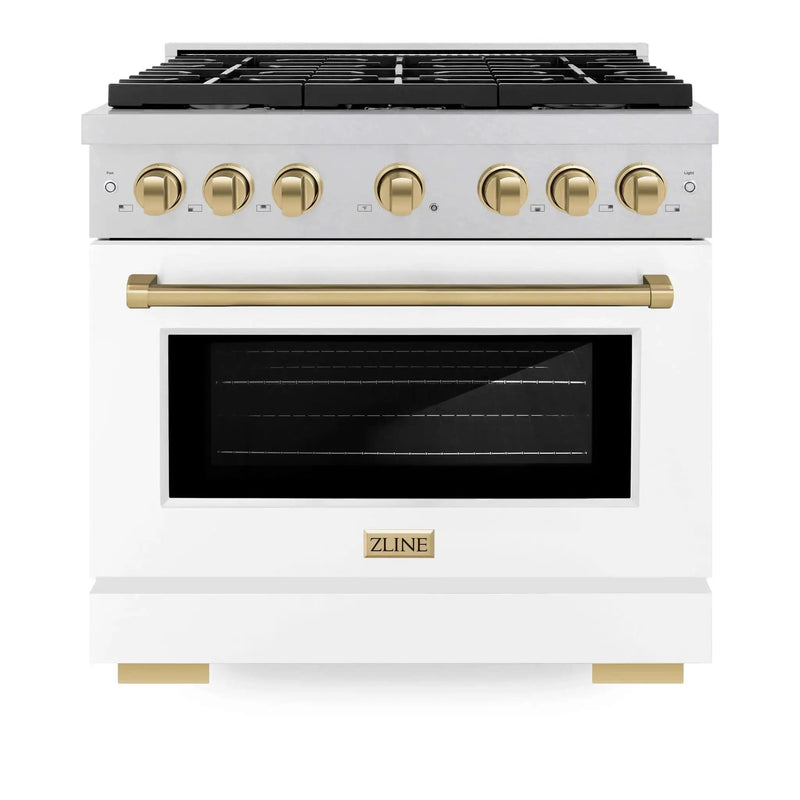 ZLINE 36"Paramount Dual Fuel Range DuraSnow® White Matte, Champagne Bronze SDRSZ-WM-36-CB by Farmhouse Kitchen and Bath