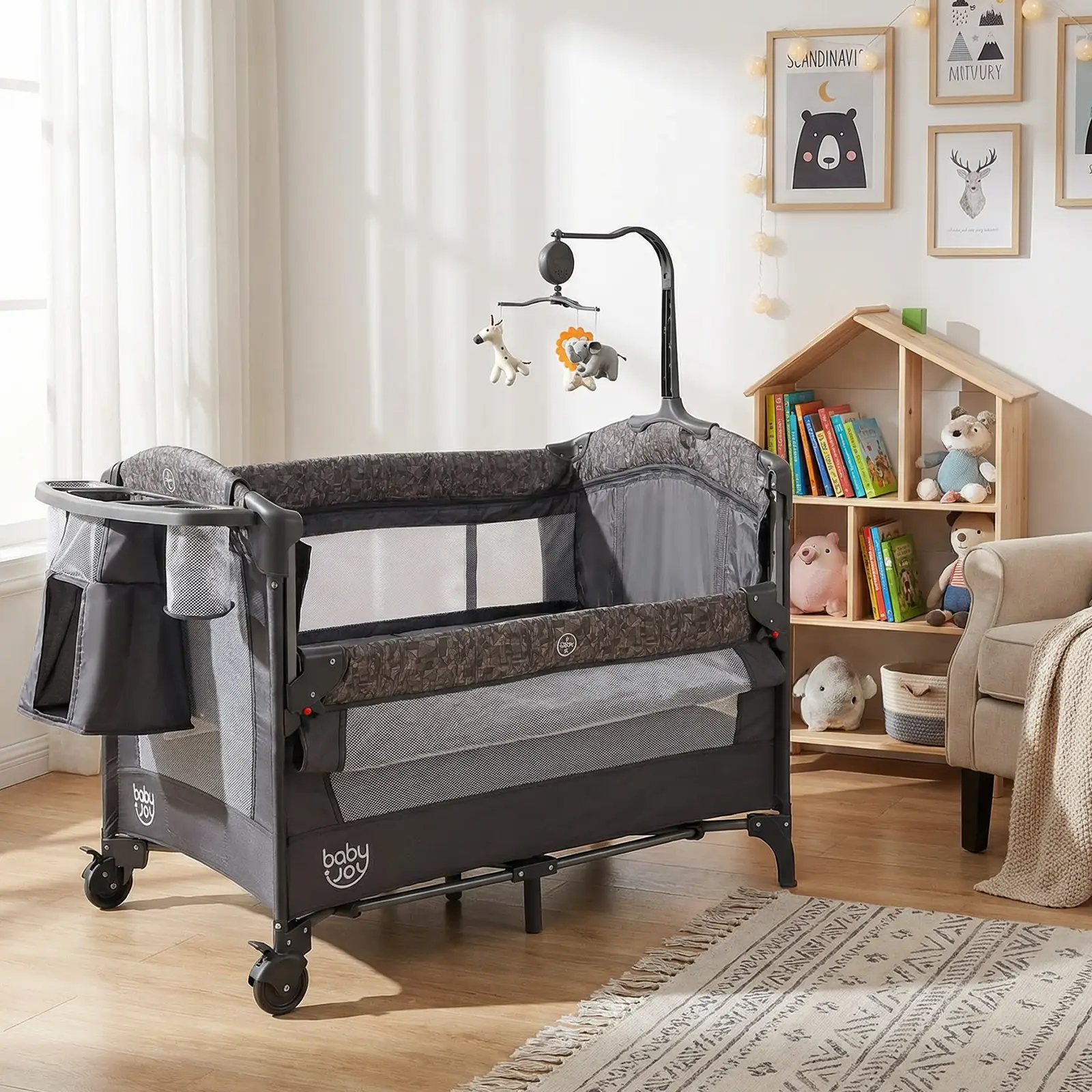 5-in-1 Bedside Bassinet with Diaper Changer and Mattress-Gray by DirectDeals