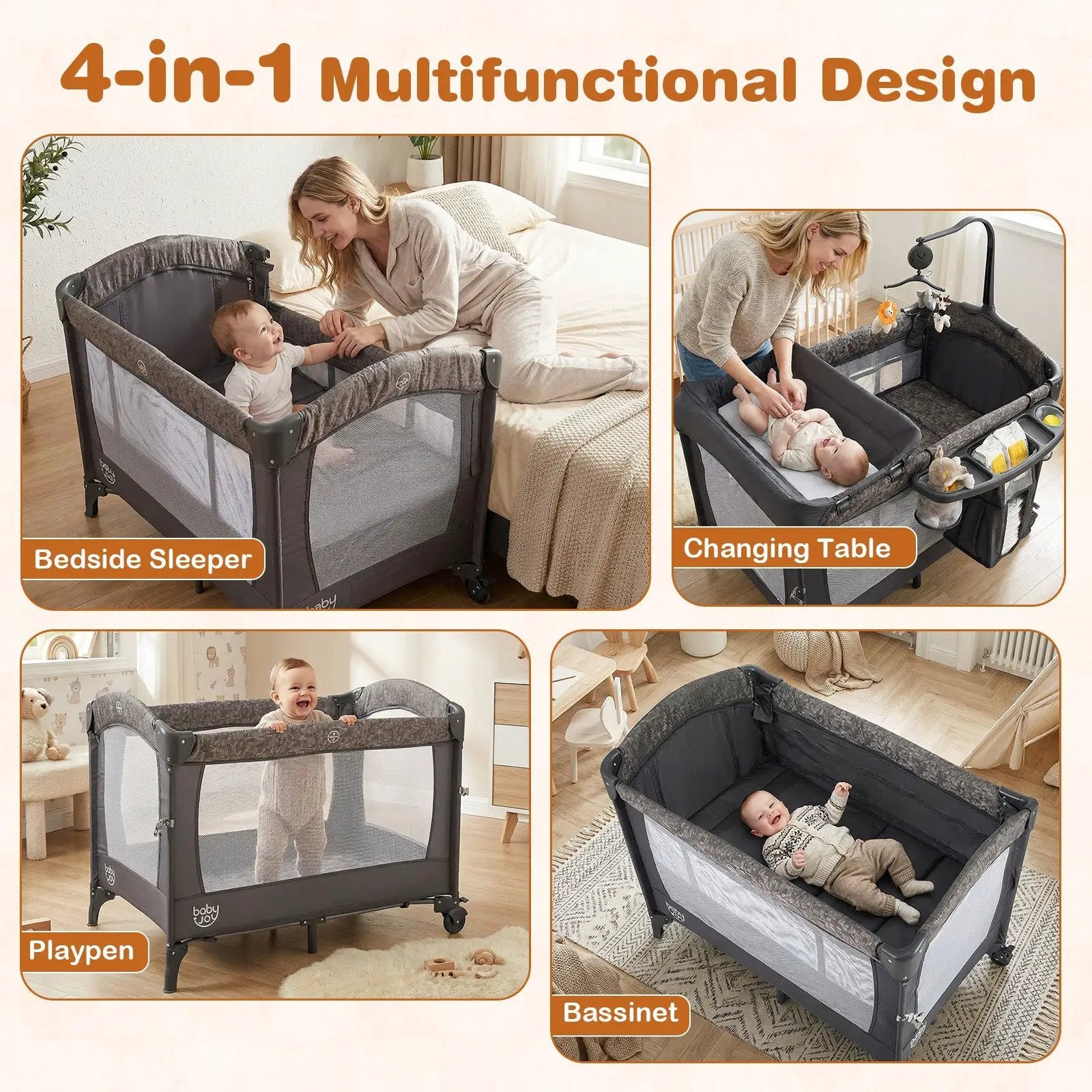5-in-1 Bedside Bassinet with Diaper Changer and Mattress-Gray by DirectDeals