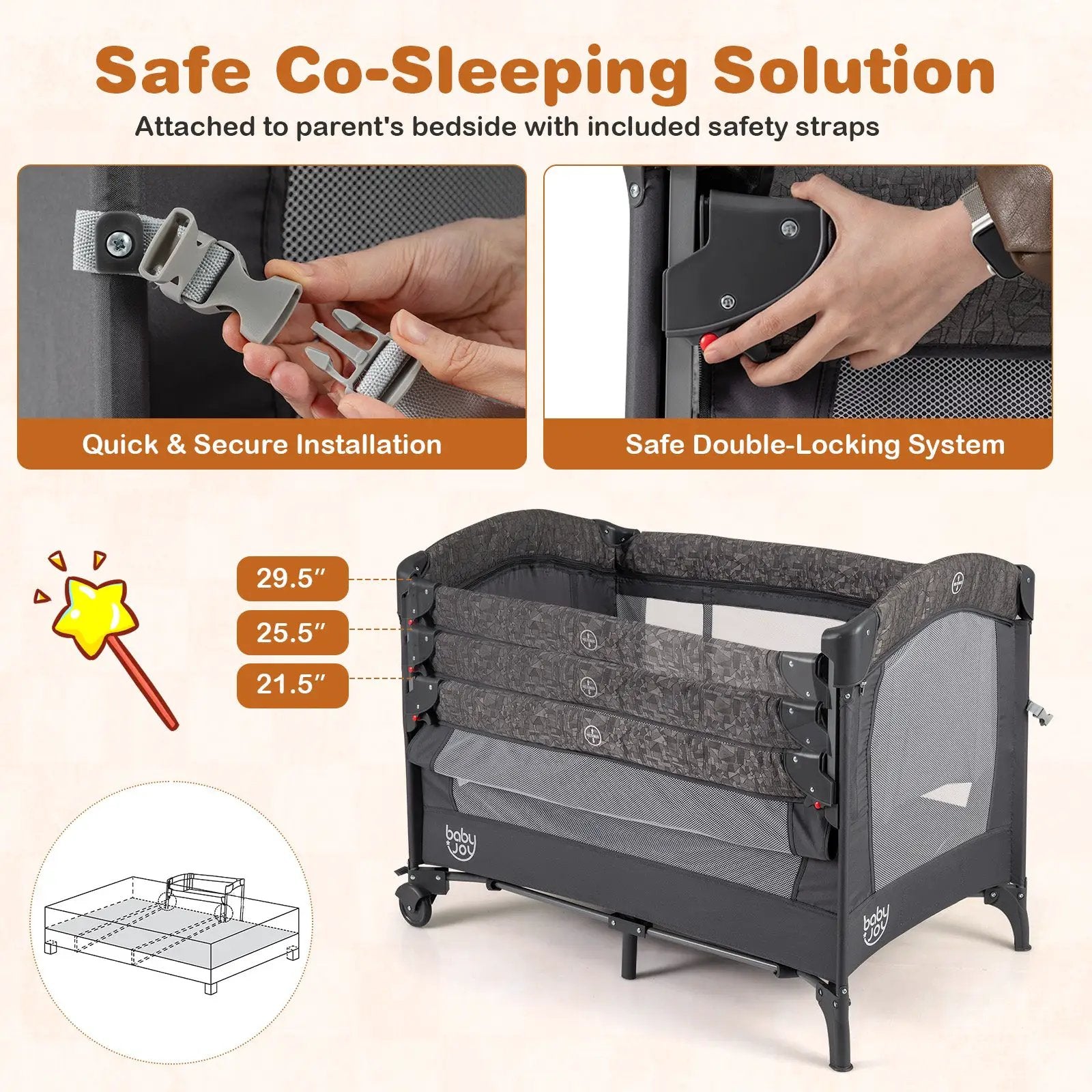 5-in-1 Bedside Bassinet with Diaper Changer and Mattress-Gray by DirectDeals