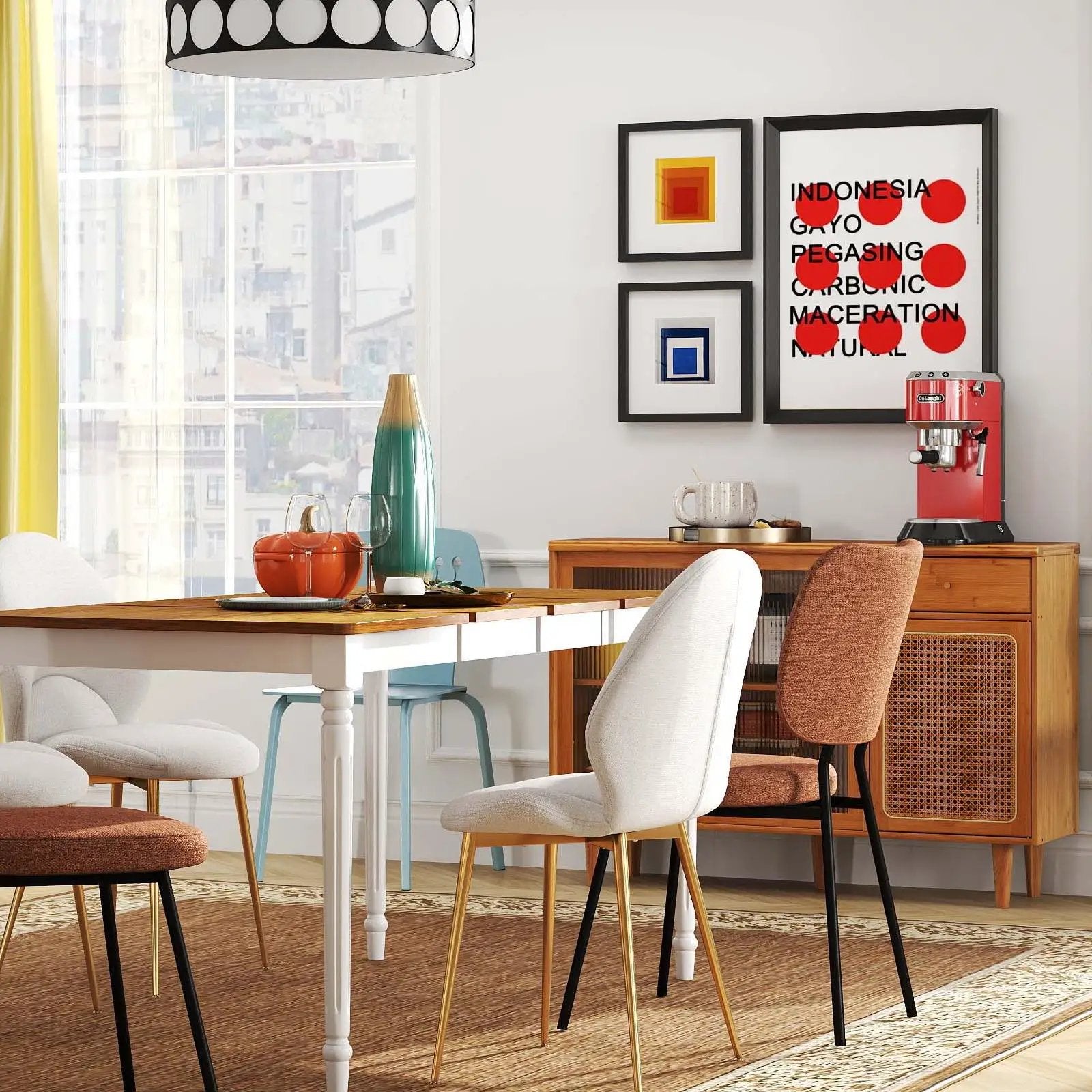 5-in-1 Complete Dining Room Set: Extendable Table 4 Chairs Electric Fireplace Media Console & Bamboo Sideboard by DirectDeals