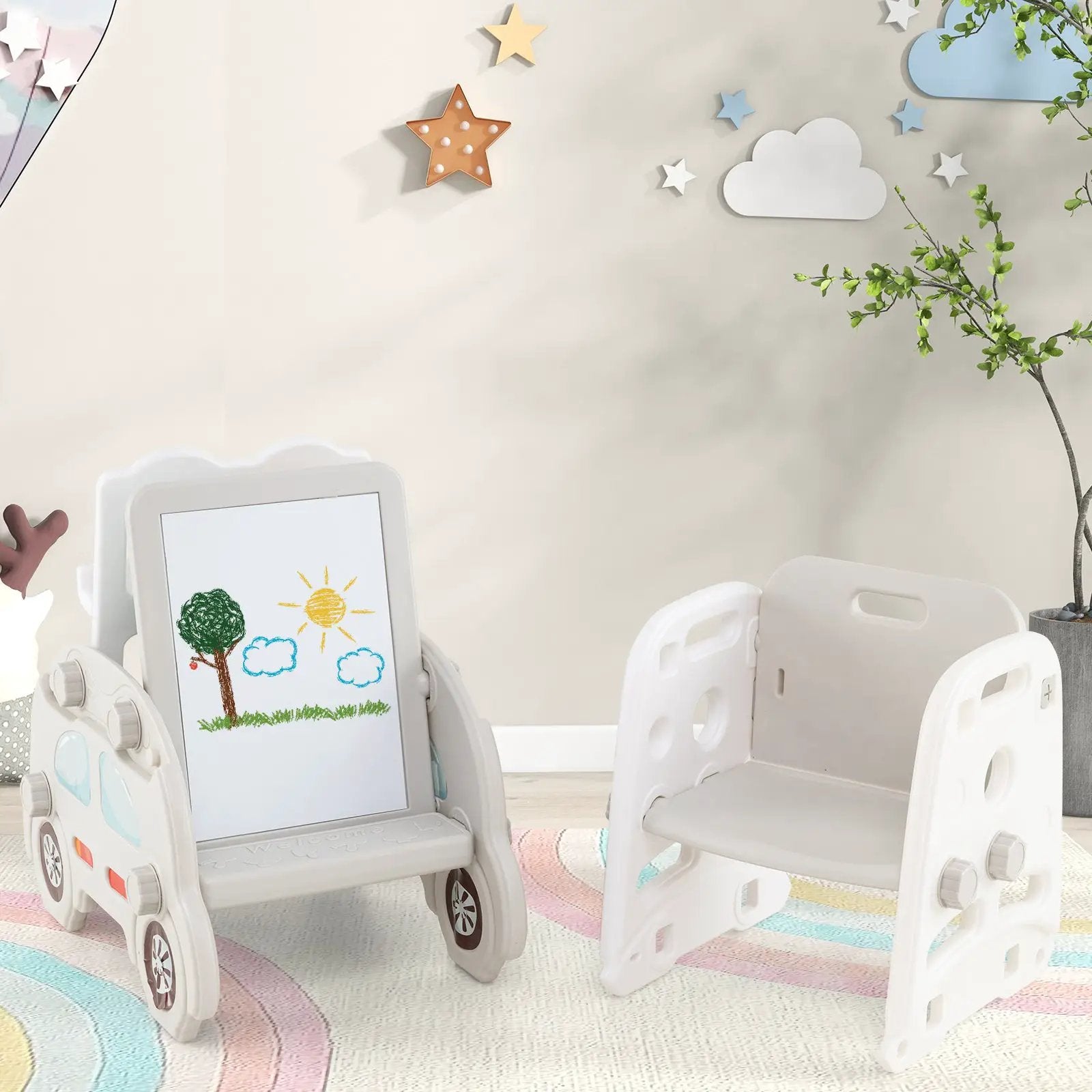 5 in 1 Convertible Toddler Slide Set Kids Art Easel with Stool and Book Rack by DirectDeals