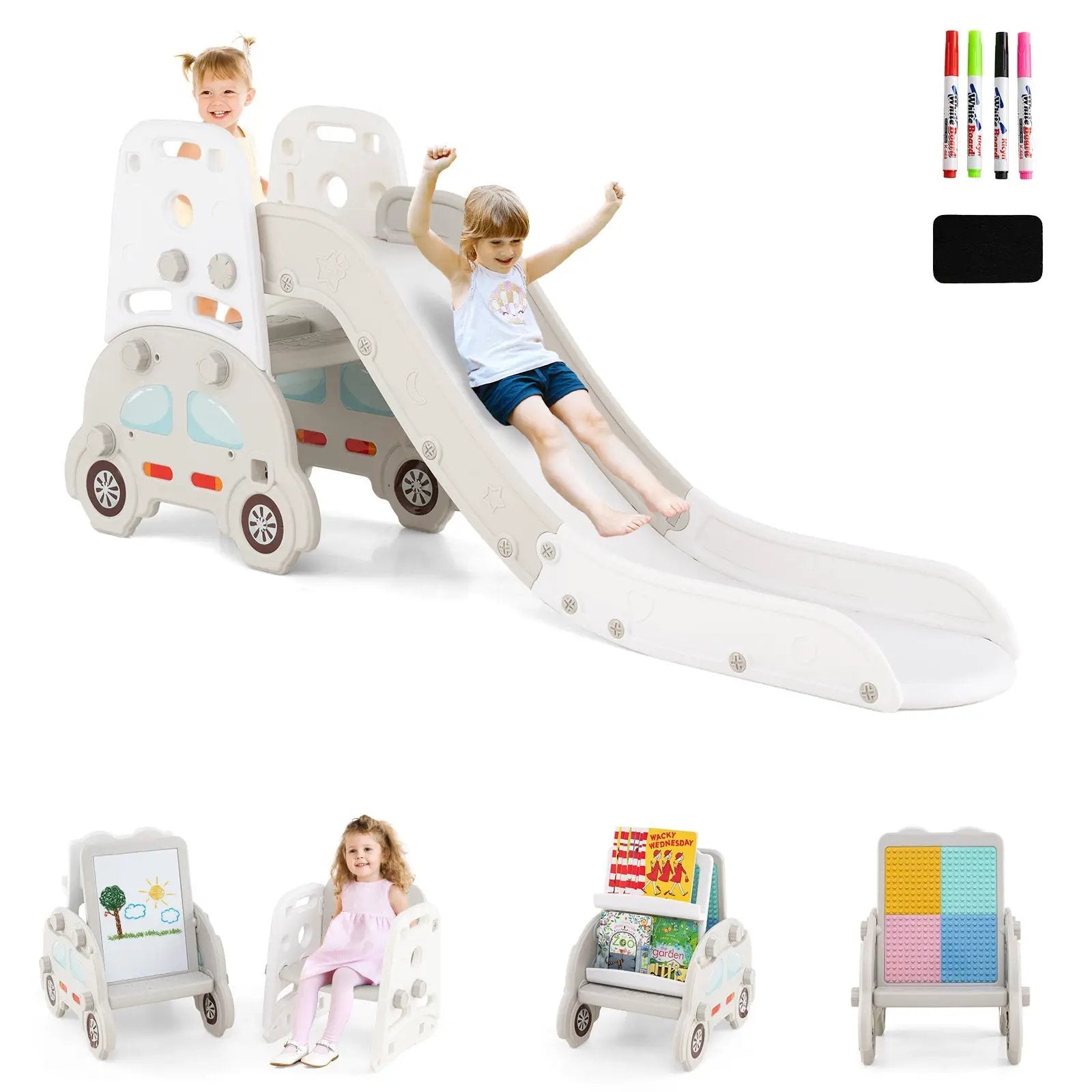 5 in 1 Convertible Toddler Slide Set Kids Art Easel with Stool and Book Rack by DirectDeals