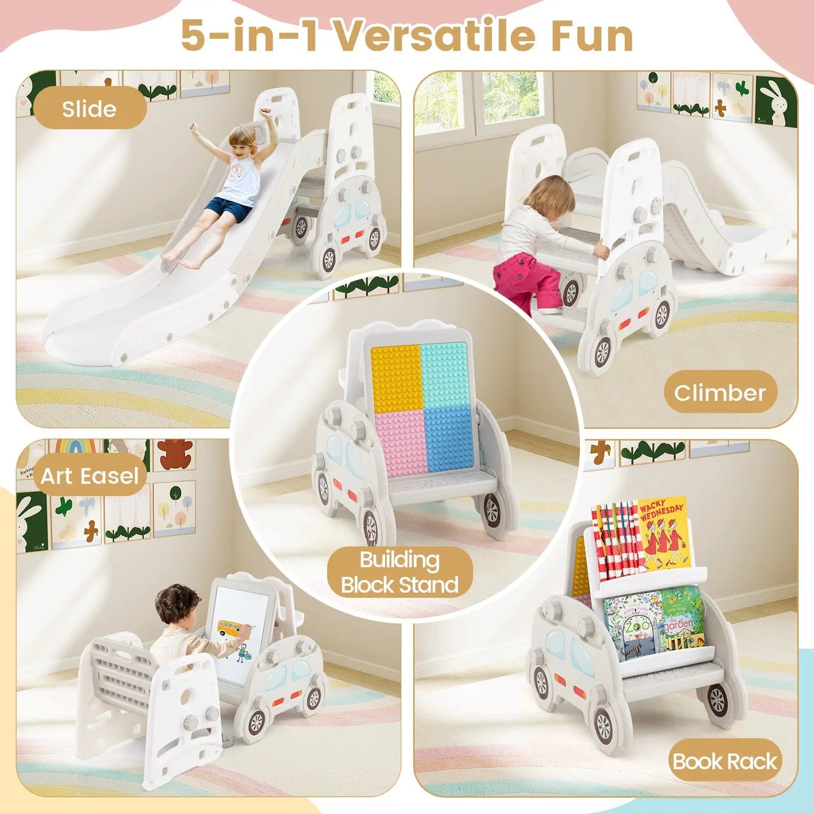 5 in 1 Convertible Toddler Slide Set Kids Art Easel with Stool and Book Rack by DirectDeals