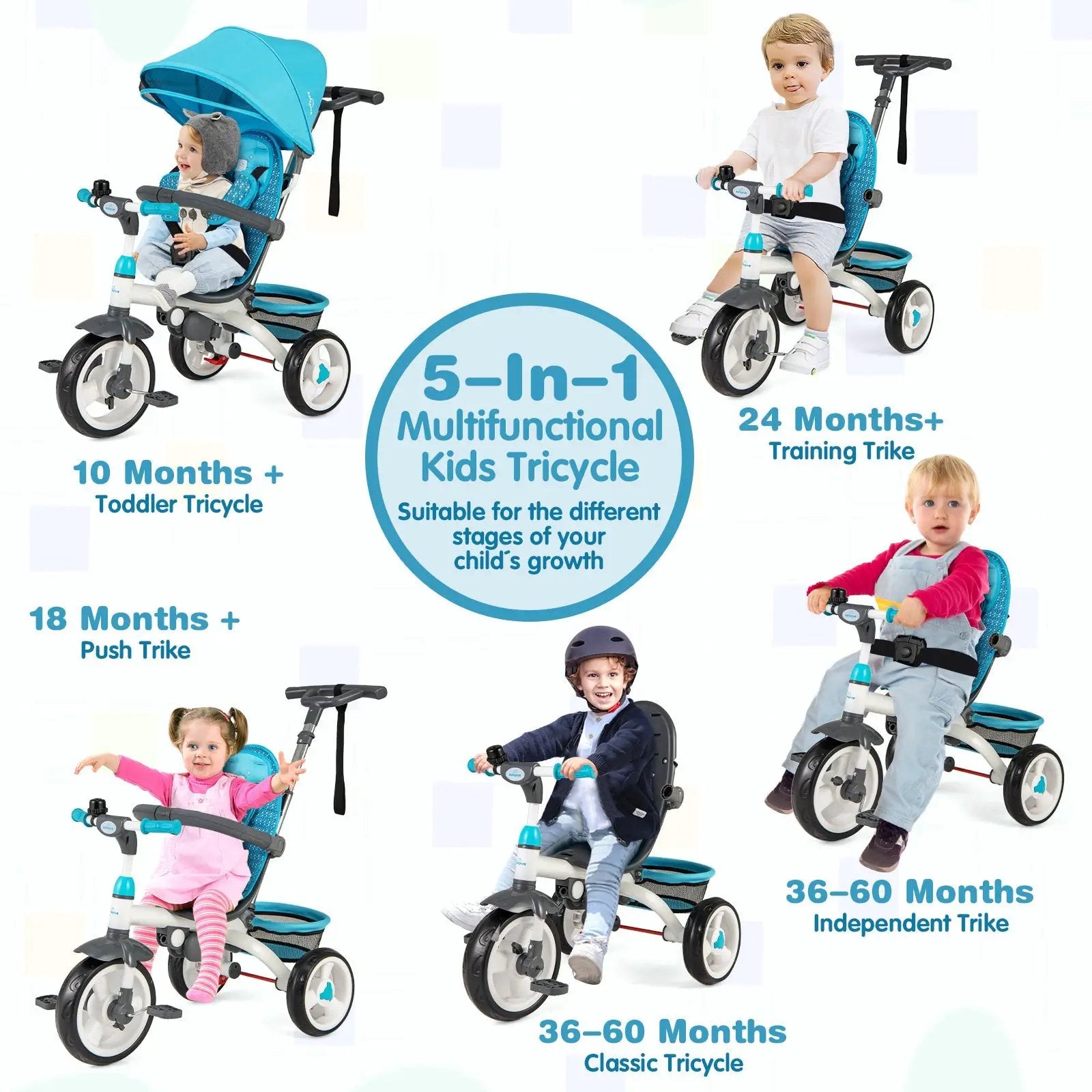 5-in-1 Detachable Baby Stroller Tricycle with Round Canopy by DirectDeals