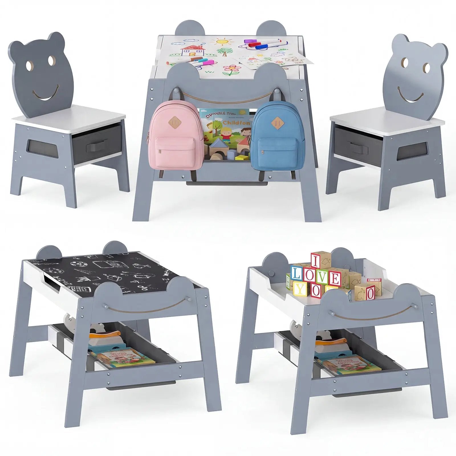 5-in-1 Toddler Table and 2 Chairs Cute Art Desk Set with Reversible Chalkboard Whiteboard by DirectDeals