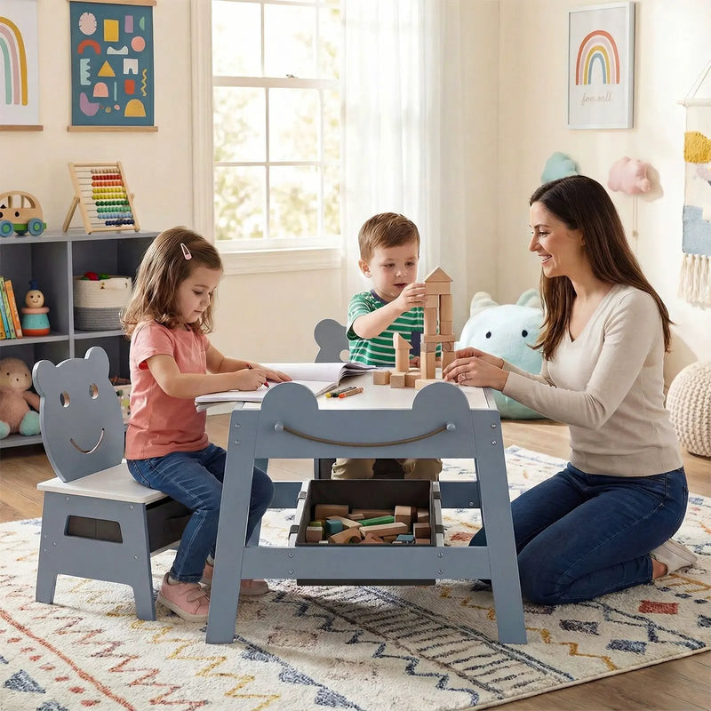 5-in-1 Toddler Table and 2 Chairs Cute Art Desk Set with Reversible Chalkboard Whiteboard by DirectDeals