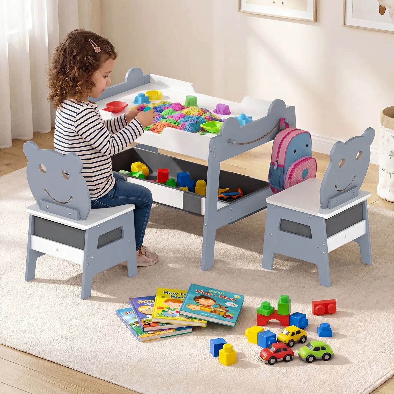 5-in-1 Toddler Table and 2 Chairs Cute Art Desk Set with Reversible Chalkboard Whiteboard by DirectDeals