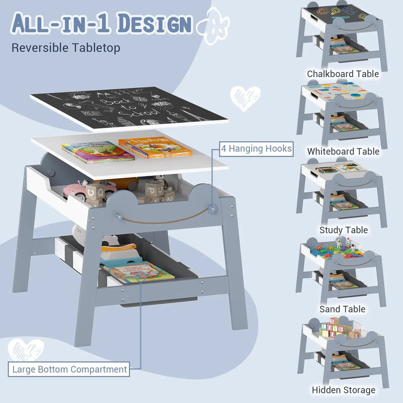 5-in-1 Toddler Table and 2 Chairs Cute Art Desk Set with Reversible Chalkboard Whiteboard by DirectDeals