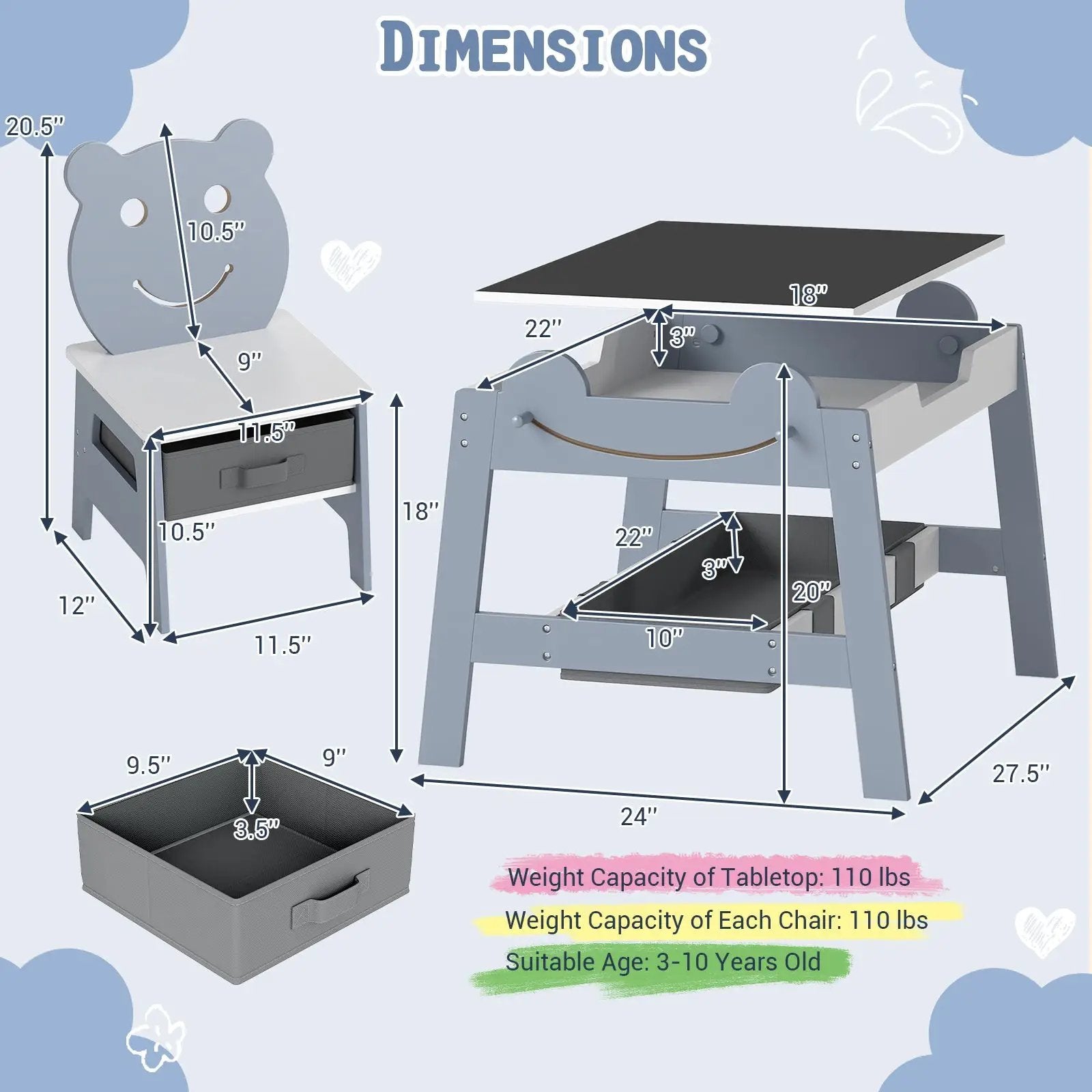 5-in-1 Toddler Table and 2 Chairs Cute Art Desk Set with Reversible Chalkboard Whiteboard by DirectDeals