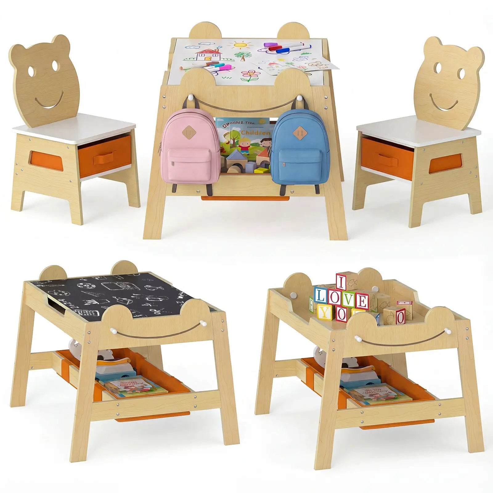 5-in-1 Toddler Table and 2 Chairs Cute Art Desk Set with Reversible Chalkboard Whiteboard by DirectDeals