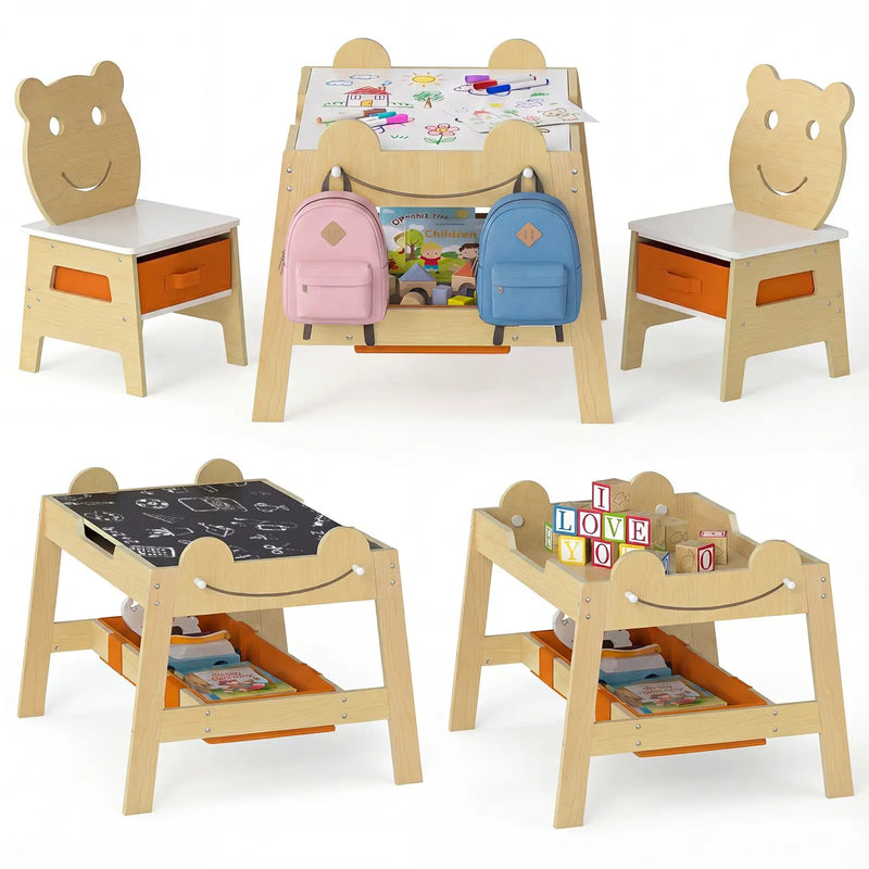 5-in-1 Toddler Table and 2 Chairs Cute Art Desk Set with Reversible Chalkboard Whiteboard by DirectDeals