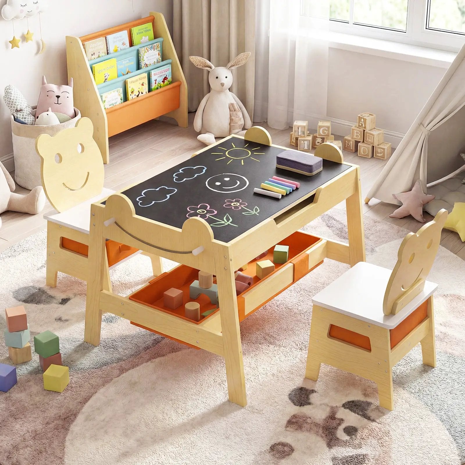 5-in-1 Toddler Table and 2 Chairs Cute Art Desk Set with Reversible Chalkboard Whiteboard by DirectDeals
