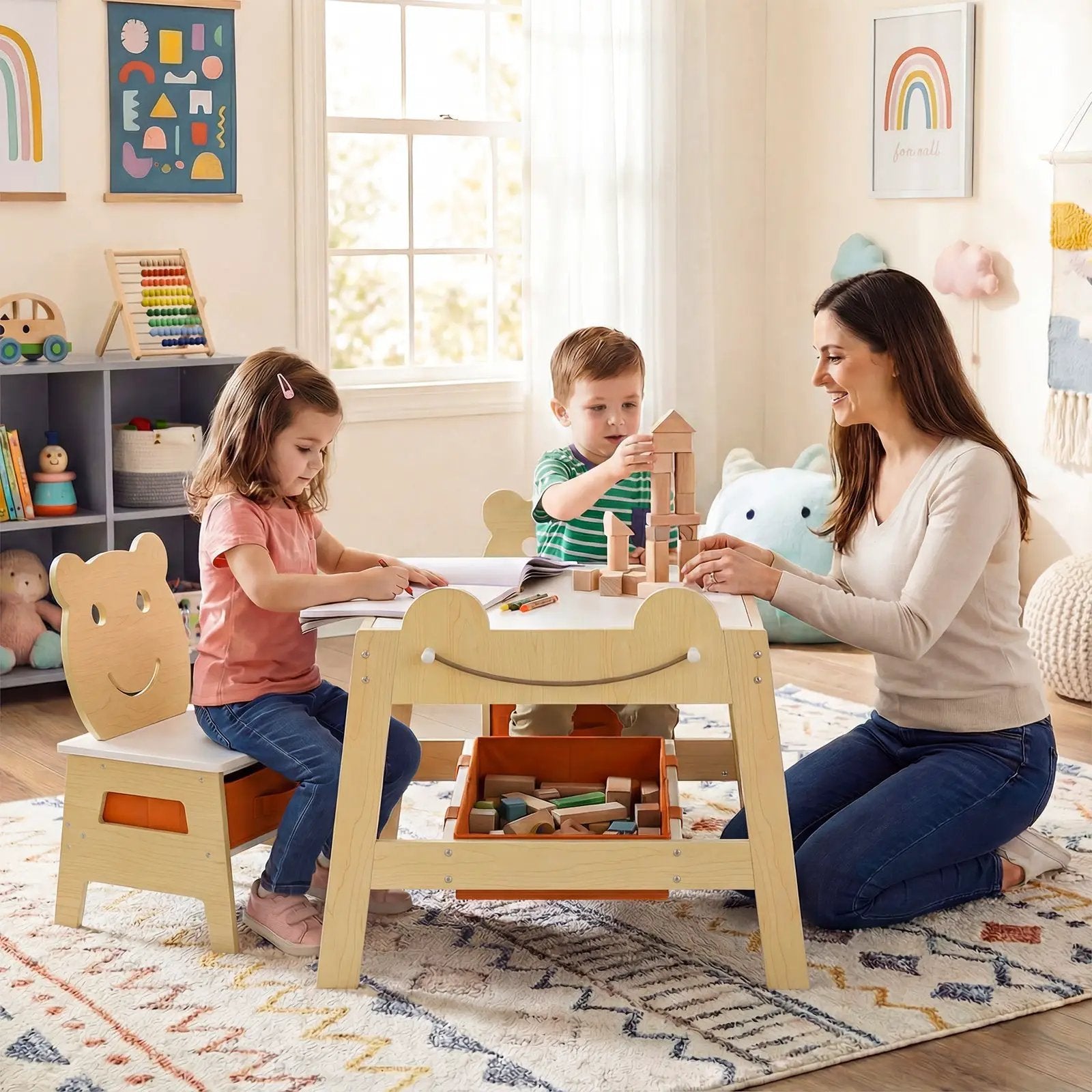 5-in-1 Toddler Table and 2 Chairs Cute Art Desk Set with Reversible Chalkboard Whiteboard by DirectDeals