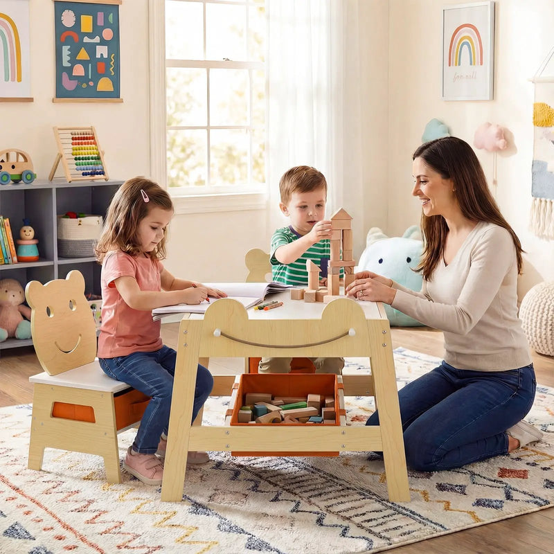 5-in-1 Toddler Table and 2 Chairs Cute Art Desk Set with Reversible Chalkboard Whiteboard by DirectDeals