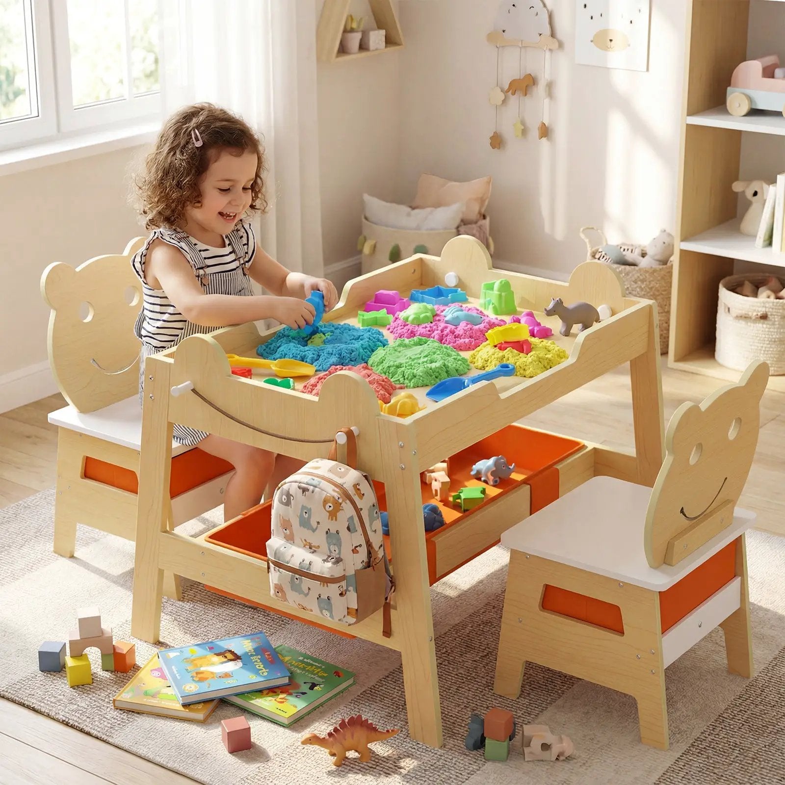 5-in-1 Toddler Table and 2 Chairs Cute Art Desk Set with Reversible Chalkboard Whiteboard by DirectDeals
