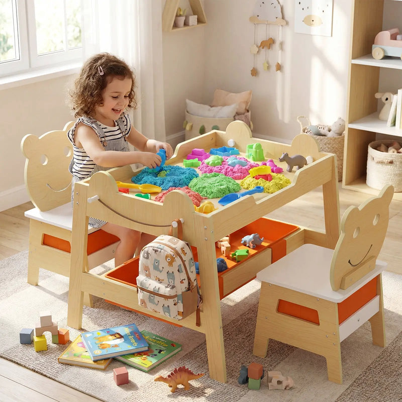 5-in-1 Toddler Table and 2 Chairs Cute Art Desk Set with Reversible Chalkboard Whiteboard by DirectDeals