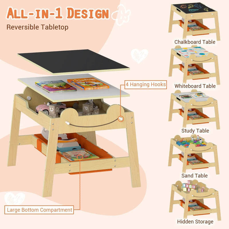 5-in-1 Toddler Table and 2 Chairs Cute Art Desk Set with Reversible Chalkboard Whiteboard by DirectDeals