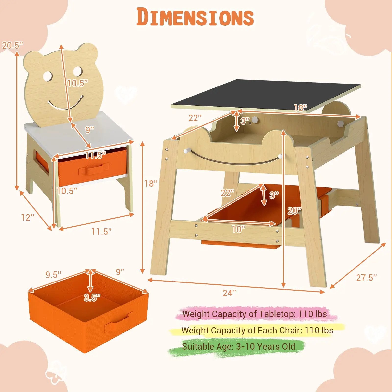 5-in-1 Toddler Table and 2 Chairs Cute Art Desk Set with Reversible Chalkboard Whiteboard by DirectDeals