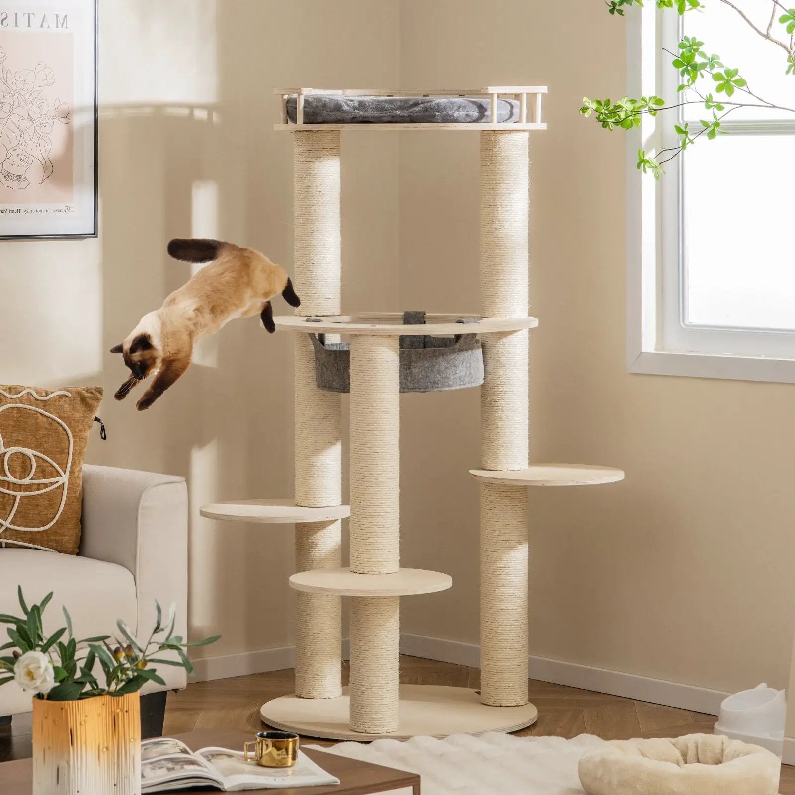5-level Wooden Cat Tree with Padded Perch Non-woven Hammock-Gray by DirectDeals