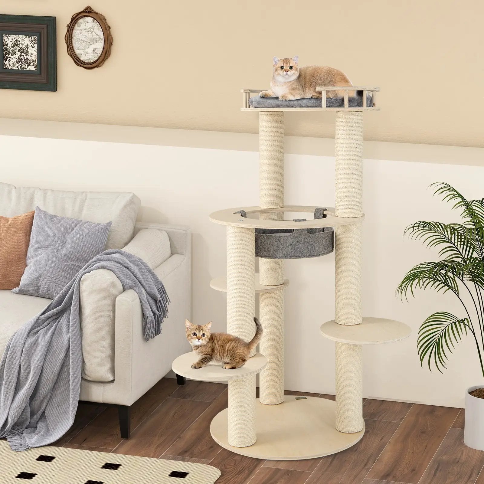 5-level Wooden Cat Tree with Padded Perch Non-woven Hammock-Gray by DirectDeals