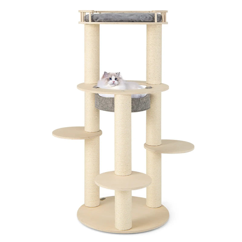 5-level Wooden Cat Tree with Padded Perch Non-woven Hammock-Gray by DirectDeals
