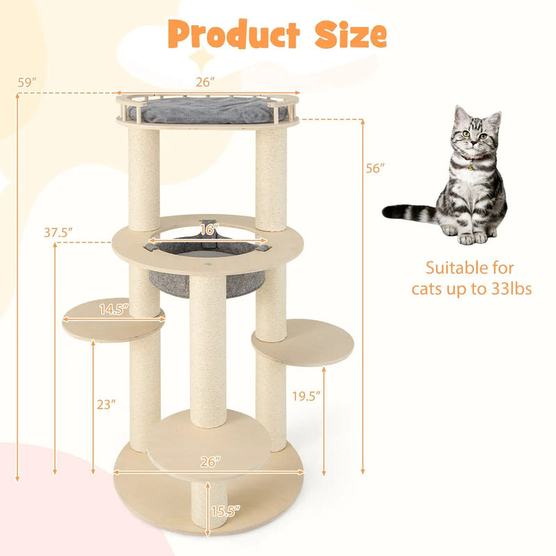 5-level Wooden Cat Tree with Padded Perch Non-woven Hammock-Gray by DirectDeals