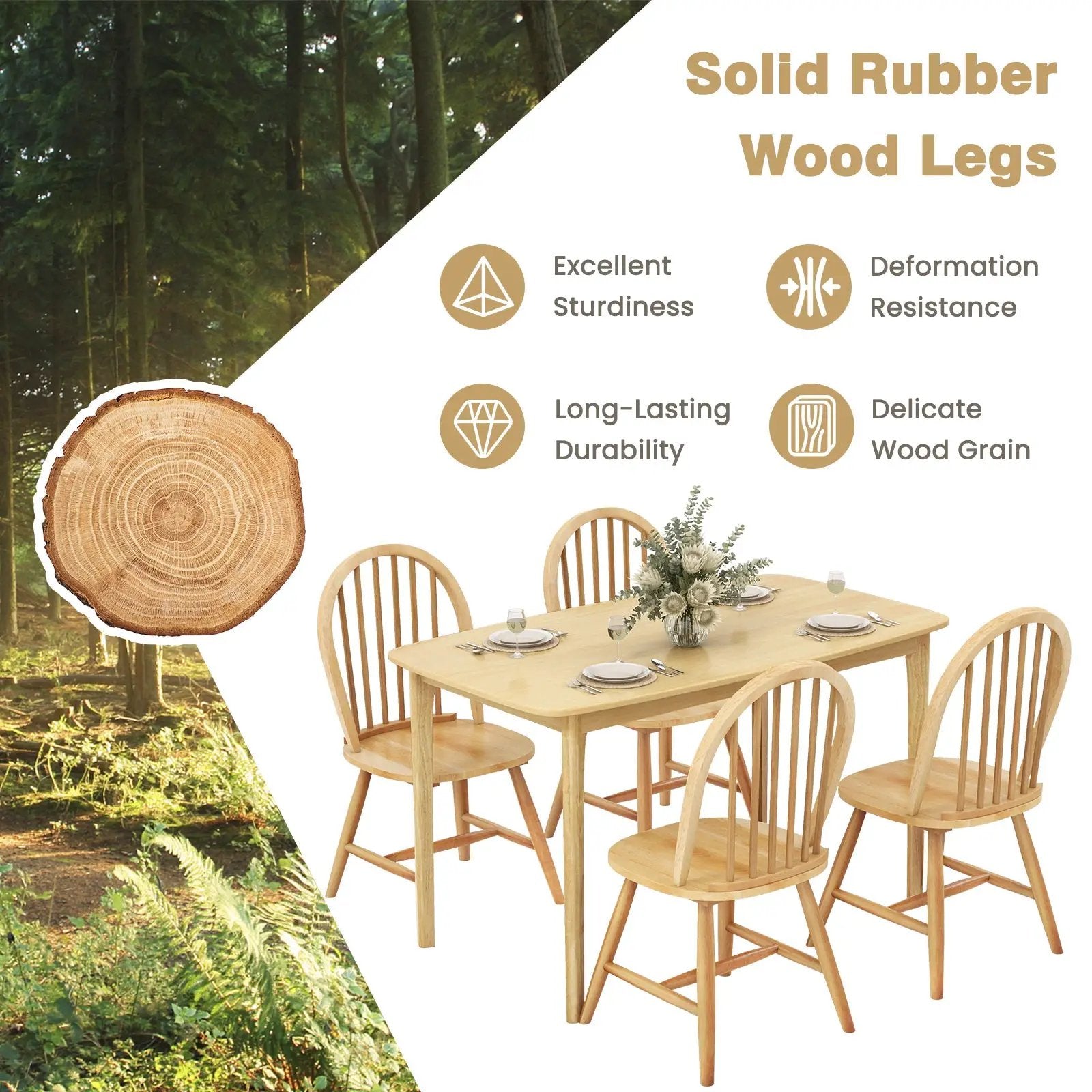 5 Pieces Wooden Dining Table Set with 4 Windsor Chairs by DirectDeals