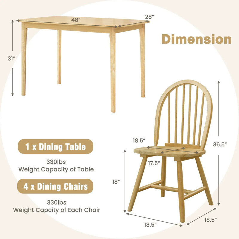 5 Pieces Wooden Dining Table Set with 4 Windsor Chairs by DirectDeals