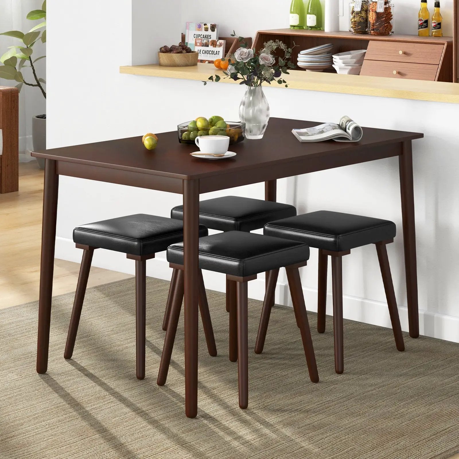 5 Piece Dining Table Set for 4 with 4 Upholstered Stools and Rubber Wood Legs-Brown by DirectDeals