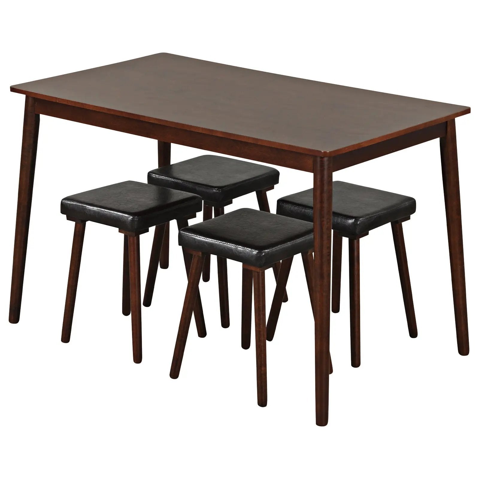 5 Piece Dining Table Set for 4 with 4 Upholstered Stools and Rubber Wood Legs-Brown by DirectDeals