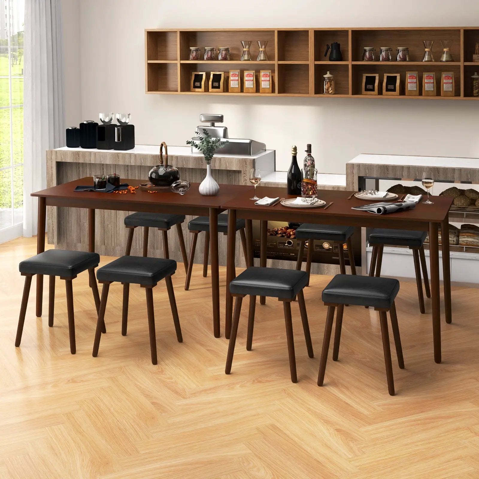 5 Piece Dining Table Set for 4 with 4 Upholstered Stools and Rubber Wood Legs-Brown by DirectDeals