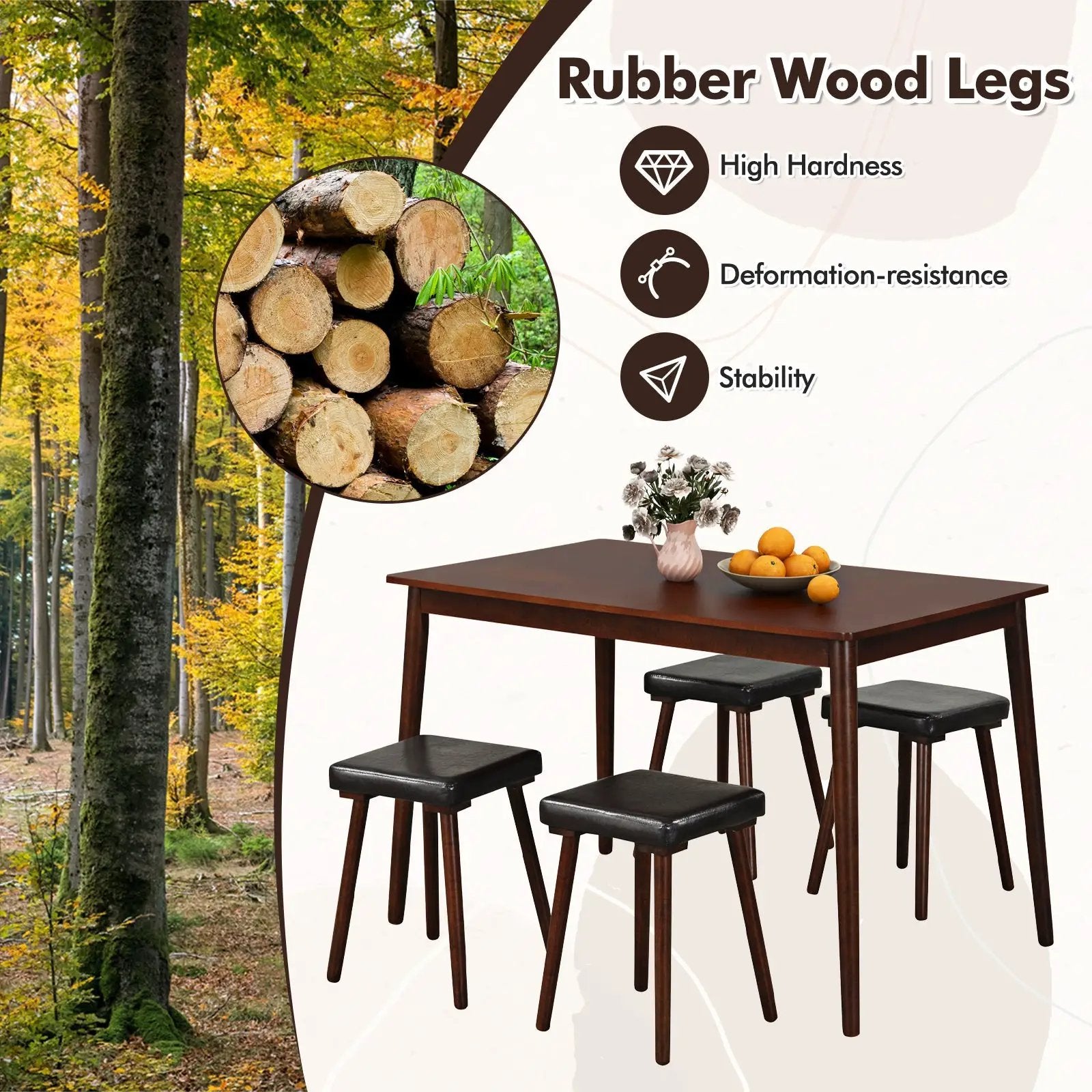 5 Piece Dining Table Set for 4 with 4 Upholstered Stools and Rubber Wood Legs-Brown by DirectDeals