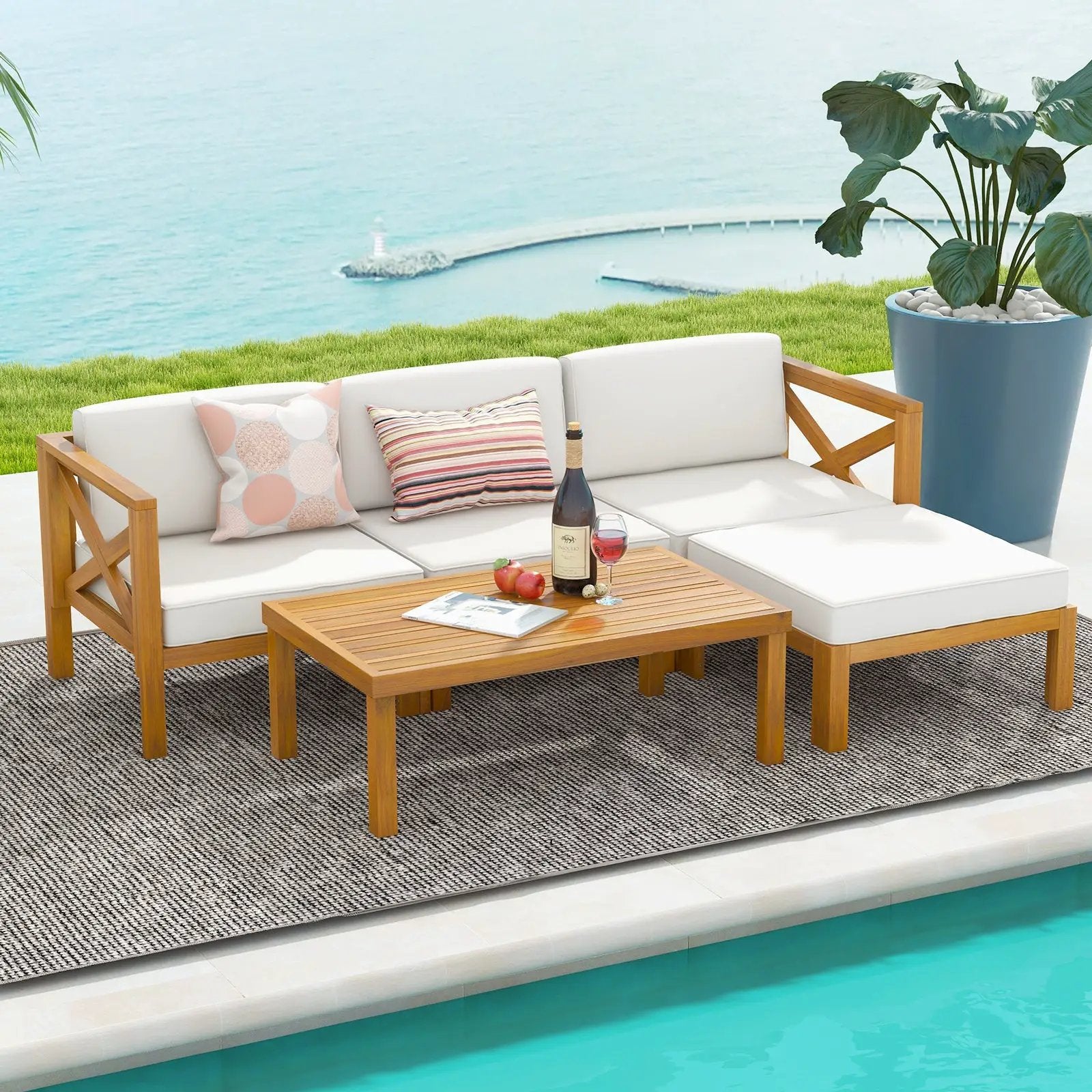 5 Piece Outdoor Conversation Furniture Set with 3 Chairs 1 Ottoman and 1 Coffee Table-White by DirectDeals