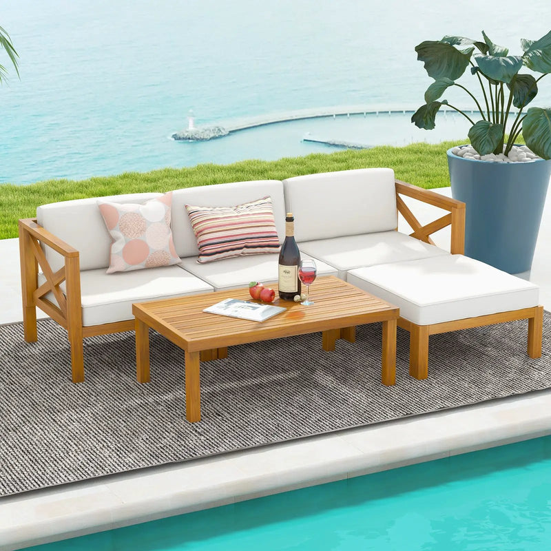 5 Piece Outdoor Conversation Furniture Set with 3 Chairs 1 Ottoman and 1 Coffee Table-White by DirectDeals